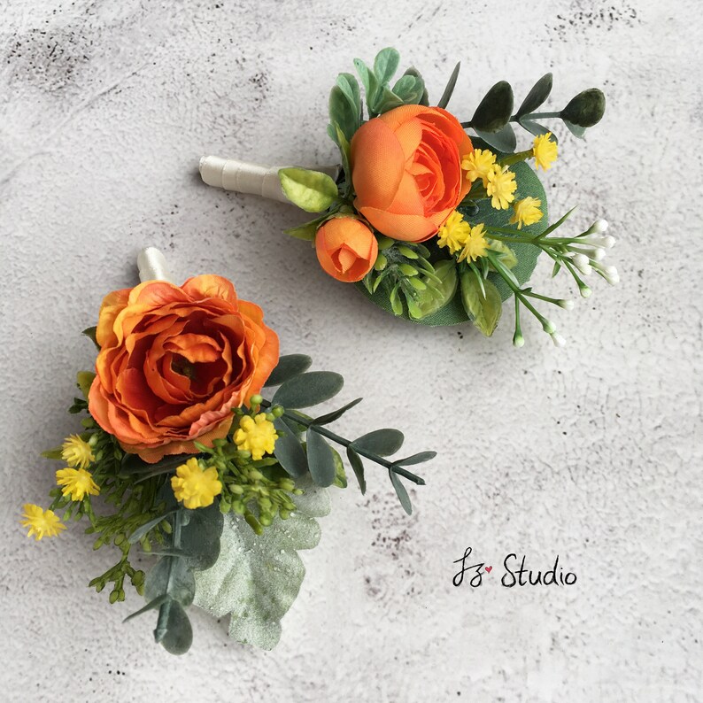 Orange Green Silk Boutonniere Wrist Corsage Wedding Boutineer Classic Fake Flowers Wristlet Buttonhole Rose Ranunculus Eucalyptus Hops Fern
