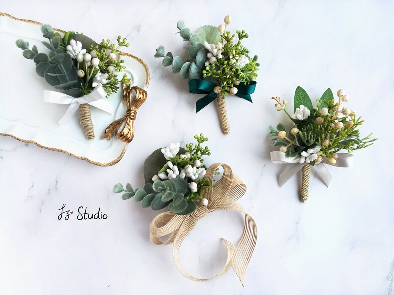 Fake Flower Corsage Boutonniere Set Retro Greenery White Etsy