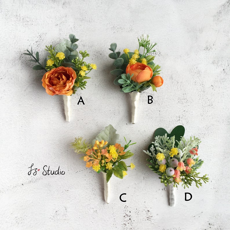 Orange Green Silk Boutonniere Wrist Corsage Wedding Boutineer Classic Fake Flowers Wristlet Buttonhole Rose Ranunculus Eucalyptus Hops Fern