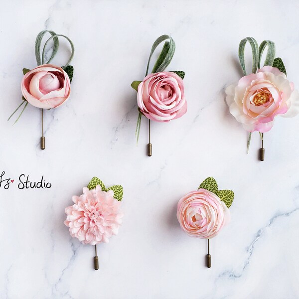 Silk Lapel Flowers Retro Pink Blush Green Boutonniere for Wedding Fake Boutineer Faux Rose Daisy Ranunculus Buttonhole Men Corsages Decor