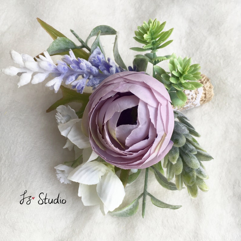 Rustic Wedding Boutonniere Silk Boutineer Wrist Corsage Set Ivory Cream Violet Lilac Green Buttonholes Fake Ranunculus Camellia Lapel Flower