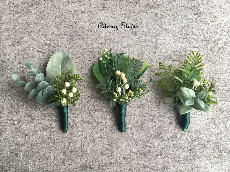 Wedding Silk Boutonniere Wrist Corsage Greenery Classic Boutineer Wristlet Set Fake Flowers Eucalyptus Fern Sage Buttonholes Man Lapel Decor