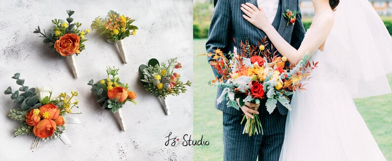 Orange Green Silk Boutonniere Wrist Corsage Wedding Boutineer Classic Fake Flowers Wristlet Buttonhole Rose Ranunculus Eucalyptus Hops Fern