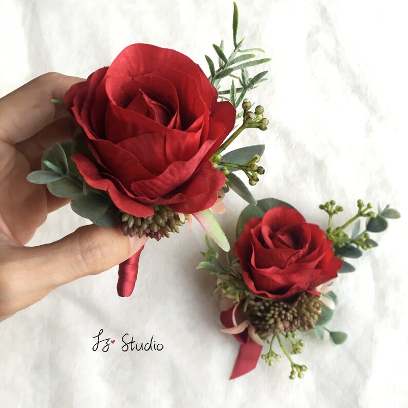 Boutonniere Wrist Corsage Set Wedding Prom Red Greenery Boutineer Wristlet Silk Roses Faux Eucalyptus Fake Flowers Bouquet Buttonhole Decor Accessories Weddings Valresa Com