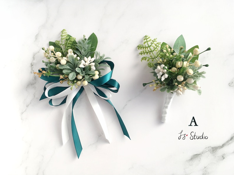 Fake Flower Corsage Boutonniere Set Retro Greenery White Etsy