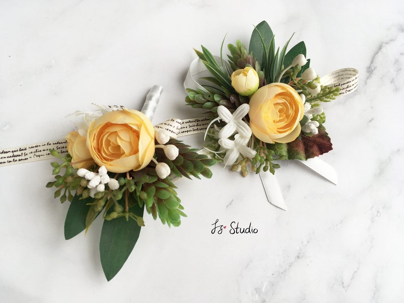 Ranunculus Boutonniere Wrist Corsage Set Yellow Cream Fake Etsy