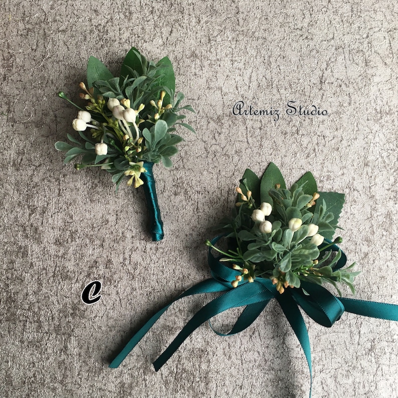 Wedding Silk Boutonniere Wrist Corsage Greenery Classic Boutineer Wristlet Set Fake Flowers Eucalyptus Fern Sage Buttonholes Man Lapel Decor