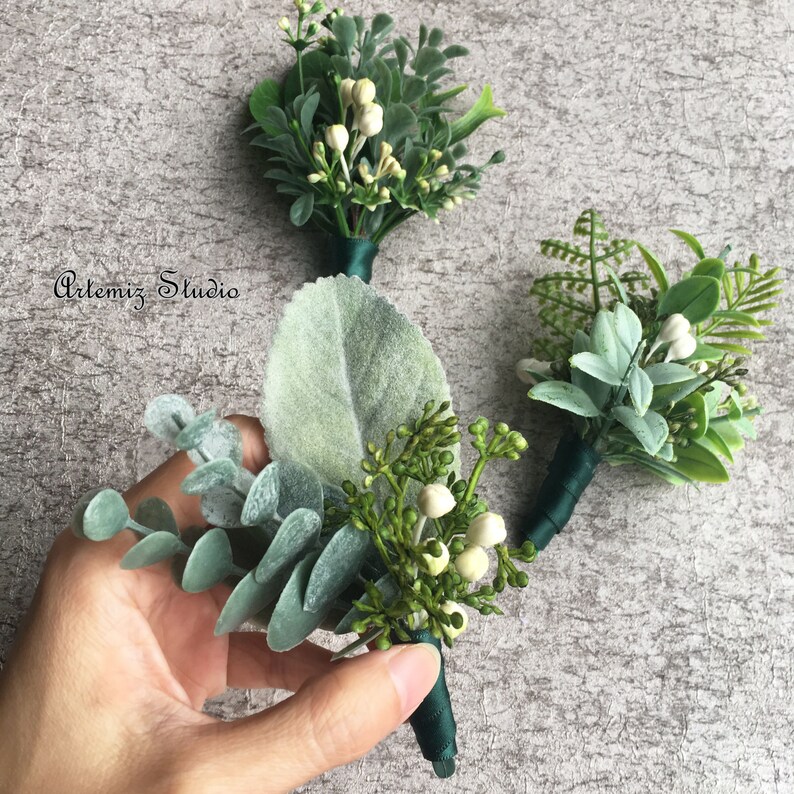 Wedding Silk Boutonniere Wrist Corsage Greenery Classic Boutineer Wristlet Set Fake Flowers Eucalyptus Fern Sage Buttonholes Man Lapel Decor