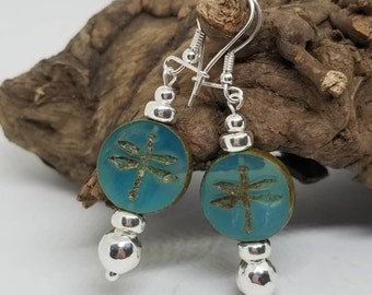 Sterling Silver Dragonfly Earrings, Czech Turquoise Beads