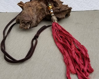 Long boho tassel necklace/tassel necklace/silk tassel necklace/Coachella necklace/Yoga jewelry/long leather tassel necklace/gift for her