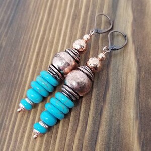 Turquoise and copper boho earrings/hammered copper earrings/turquoise earrings/Bohemian style earrings/tribal earrings/boho style earrings image 4