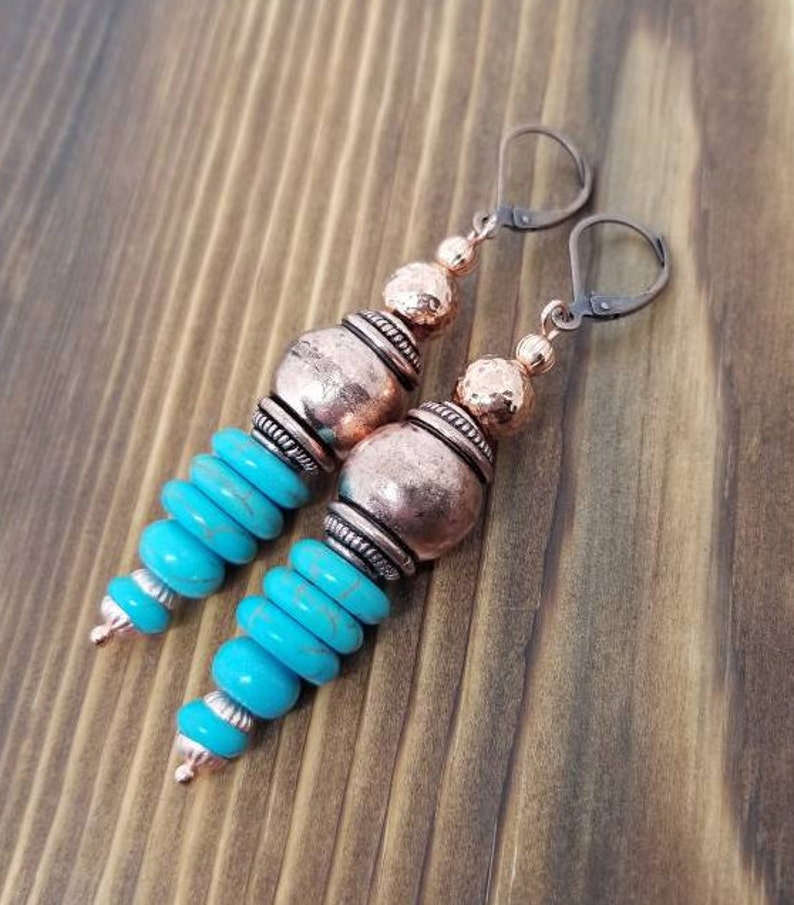 Turquoise and copper boho earrings/hammered copper earrings/turquoise earrings/Bohemian style earrings/tribal earrings/boho style earrings image 4