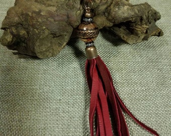 Long tassel necklace/hand knotted bead necklace/leather tassel necklace/boho chic necklace/long necklace/Copper necklace/tassels