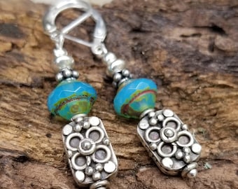 Sterling silver dangle earrings/boho earrings/Czech bead earrings/Trending jewelry/woman's fashion earrings/gypsy chic earrings/boho style