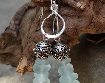 Sterling silver dangle earrings/sea glass earrings/chandelier earrings/bohemian earrings/aqua glass earrings/dangle earrings/fashion jewelry