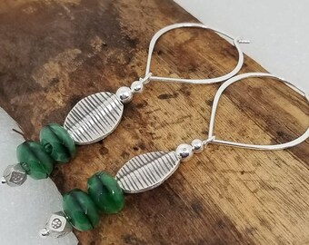 Sterling silver earrings, boho earrings, minimalist earrings,tribal jewelry,dangle earrings, green beaded jewelry, Czech glass bead earrings