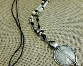 Long boho necklace/pendant necklace/long beaded necklace/bone bead jewelry/long pendant necklace/leather jewelry/boho style necklace