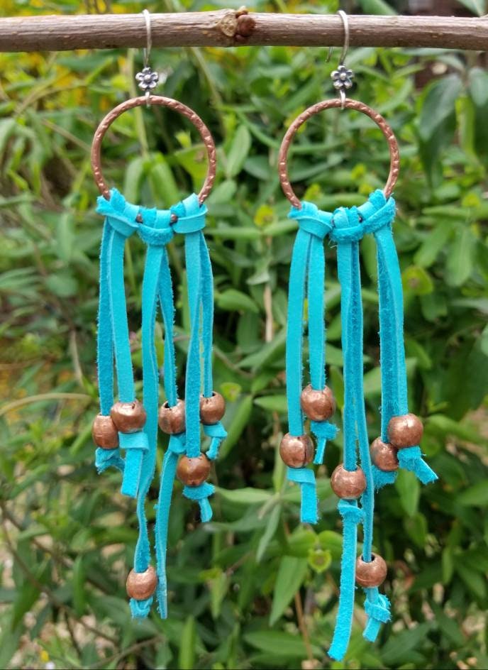 Genuine Copper Earrings/boho Tassel Earrings/leather Tassel - Etsy