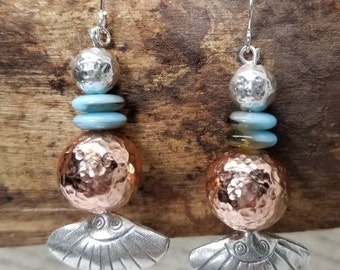 Mixed metal jewelry/hammered copper earrings/Copper jewelry/Sterling silver earrings/boho jewelry/Beaded earrings/dangle earrings/boho style