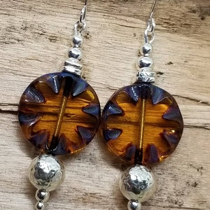 Sterling Silver earrings/Czech beaded earrings/Amber earrings/Boho earrings/Tribal earrings/Czech glass earrings/beaded jewelry/Bali style