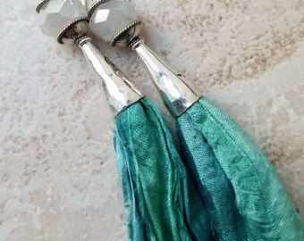 Sterling silver sari silk ribbon tassel earrings/tassel earrings/long boho earrings/moonstone earrings/boho earrings/gypsy chic earrings