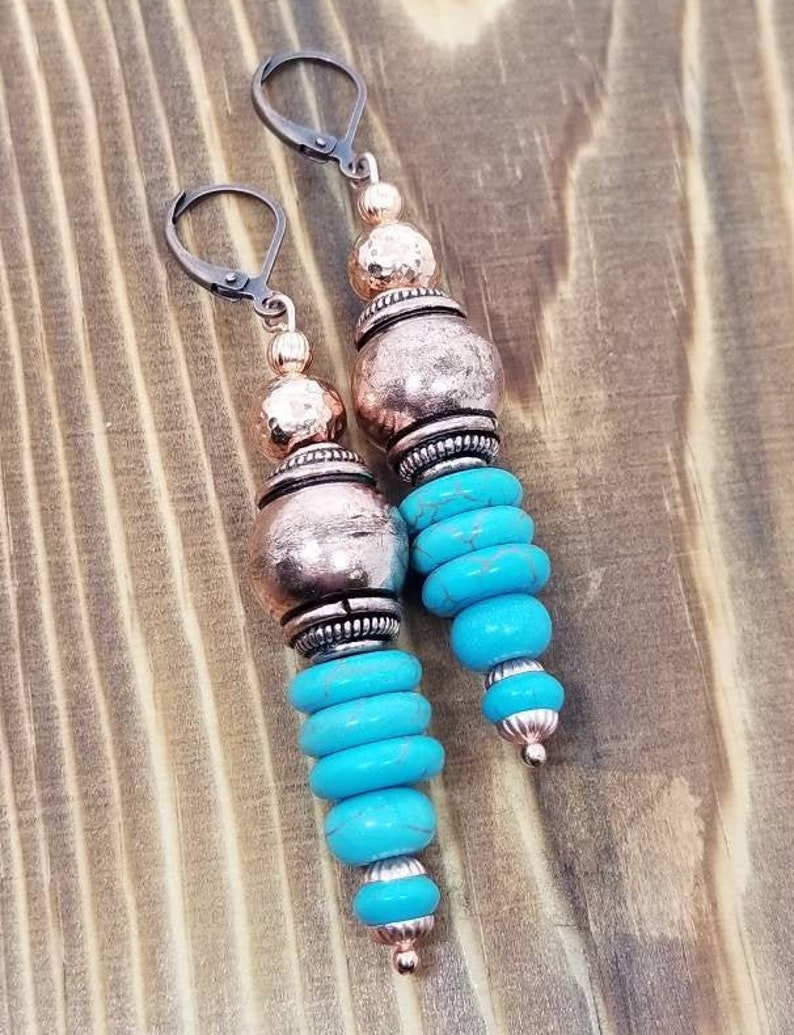 Turquoise and copper boho earrings/hammered copper earrings/turquoise earrings/Bohemian style earrings/tribal earrings/boho style earrings image 5