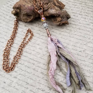 Sari silk tassel boho necklace/jeweled tassel necklace/copper boho necklace/tassel necklace/hippie chic necklace/gypsy chic  necklace