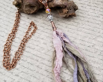 Sari silk tassel boho necklace/jeweled tassel necklace/copper boho necklace/tassel necklace/hippie chic necklace/gypsy chic  necklace