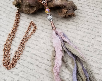 Sari silk tassel boho necklace/jeweled tassel necklace/copper boho necklace/tassel necklace/hippie chic necklace/gypsy chic  necklace