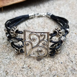 Sterling silver bracelet/Boho bracelet/Tribal bracelet/Bali style jewelry/boho jewelry/Leather bracelet/Ethnic jewelry/Gypsy chic/boho style