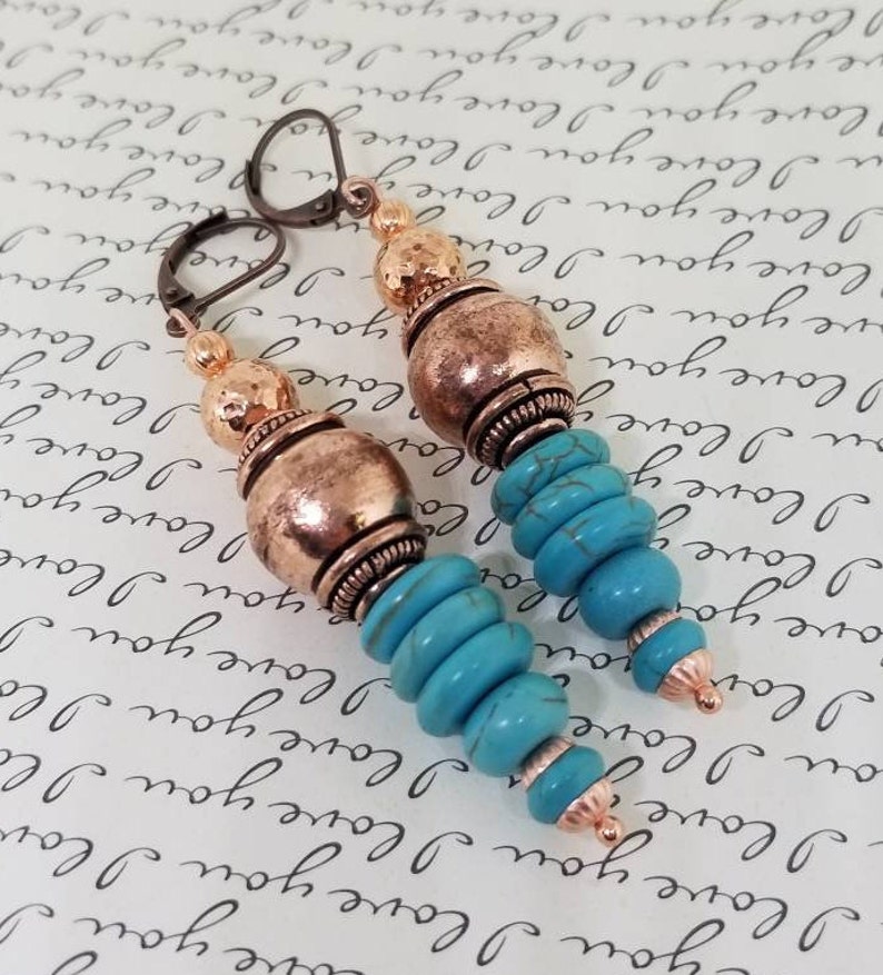 Turquoise and copper boho earrings/hammered copper earrings/turquoise earrings/Bohemian style earrings/tribal earrings/boho style earrings image 2