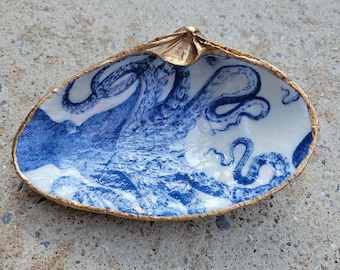 plato de baratija de concha de mar decoupage/plato de baratija/plato de concha/plato de baratija de joyería/ decoración de pulpo/ plato de baratija