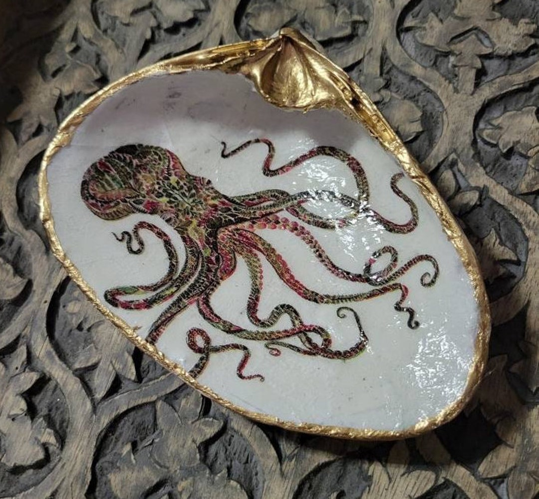 Decoupage Sea Shell/octopus Dish/trinket Dish/seashell Decor/coastal ...