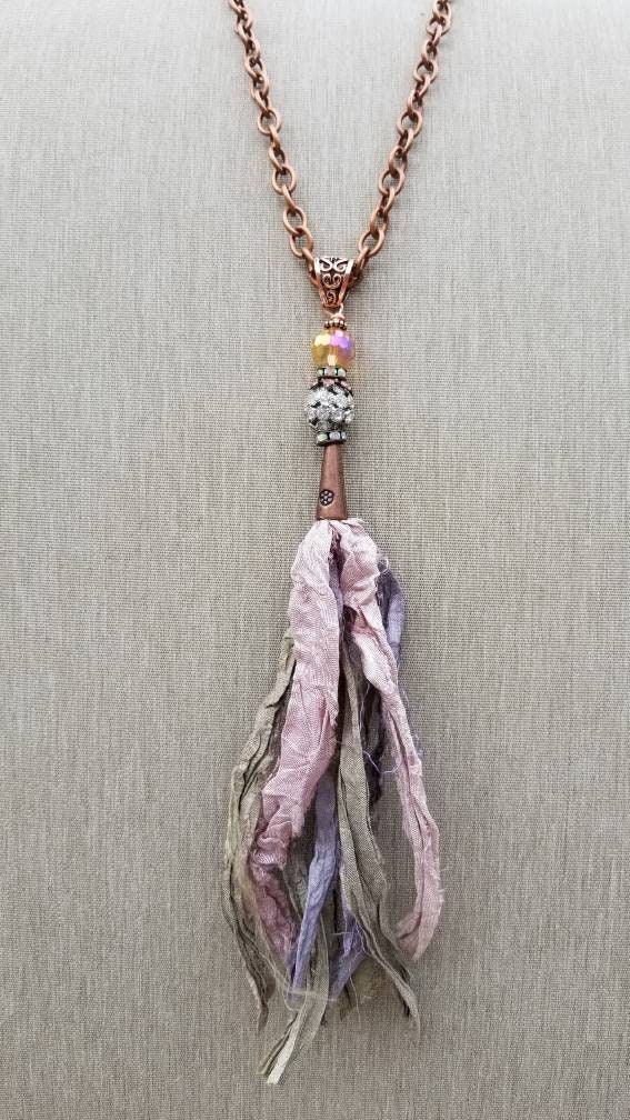 Sari Silk Tassel Boho Necklace/jeweled Tassel Necklace/copper - Etsy