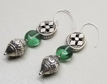 Sterling Silver earrings/Sea glass earrings/boho earrings/dangle earrings/gypsy chic jewelry/beaded earrings/tribal jewelry/green earrings