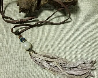 Long tassel necklace/sari silk tassel necklace/long boho necklace/crystal necklace/stone beaded necklace/boho chic necklace/boho style