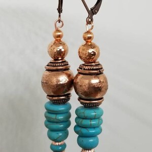 Turquoise and copper boho earrings/hammered copper earrings/turquoise earrings/Bohemian style earrings/tribal earrings/boho style earrings image 3