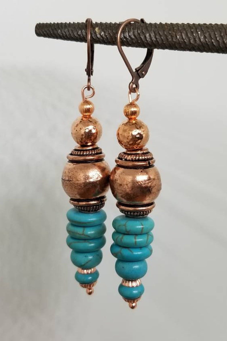 Turquoise and copper boho earrings/hammered copper earrings/turquoise earrings/Bohemian style earrings/tribal earrings/boho style earrings image 3