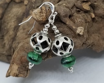Sterling Silver earrings/Czech glass beaded earrings/Green glass beaded earrings/Bali style earrings/boho style earrings/tribal earrings