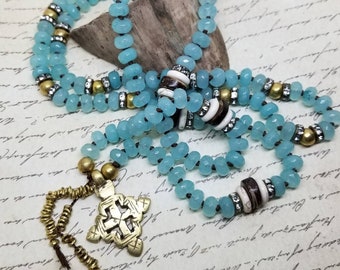 Long Beaded Necklace, Aqua Glass, Bone & Brass Cross Pendant