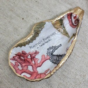 Sea shell dish/shell tray/decoupage sea shell/coastal decor/beach decor/oyster shell dish/jewelry dish/trinket dish/decoupage sea shell