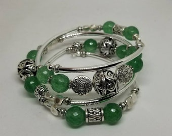 Jade bracelet/silver bangle/boho bracelet/wrap bracelet/memory wire bracelet/beaded bracelet/tribal jewelry/artisan jewelry/bangle bracelet
