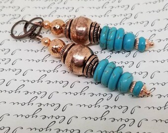 Turquoise and copper boho earrings/hammered copper earrings/turquoise earrings/Bohemian style earrings/tribal earrings/boho style earrings