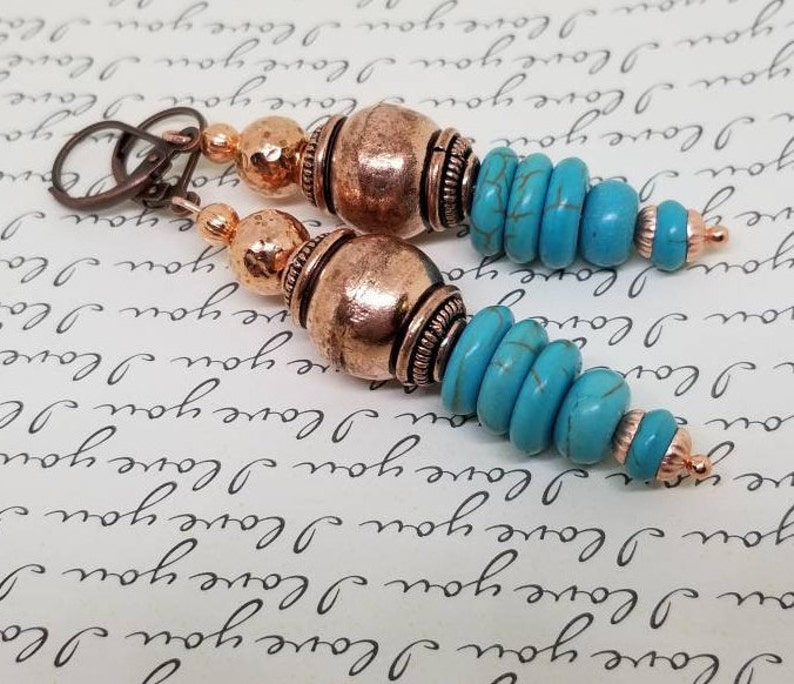 Turquoise and copper boho earrings/hammered copper earrings/turquoise earrings/Bohemian style earrings/tribal earrings/boho style earrings image 1