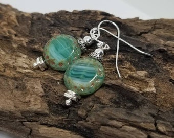 Sterling silver dangle earrings/Czech glass bead earrings/boho earrings/silver dangle earrings/sterling silver earrings/turquoise earrings