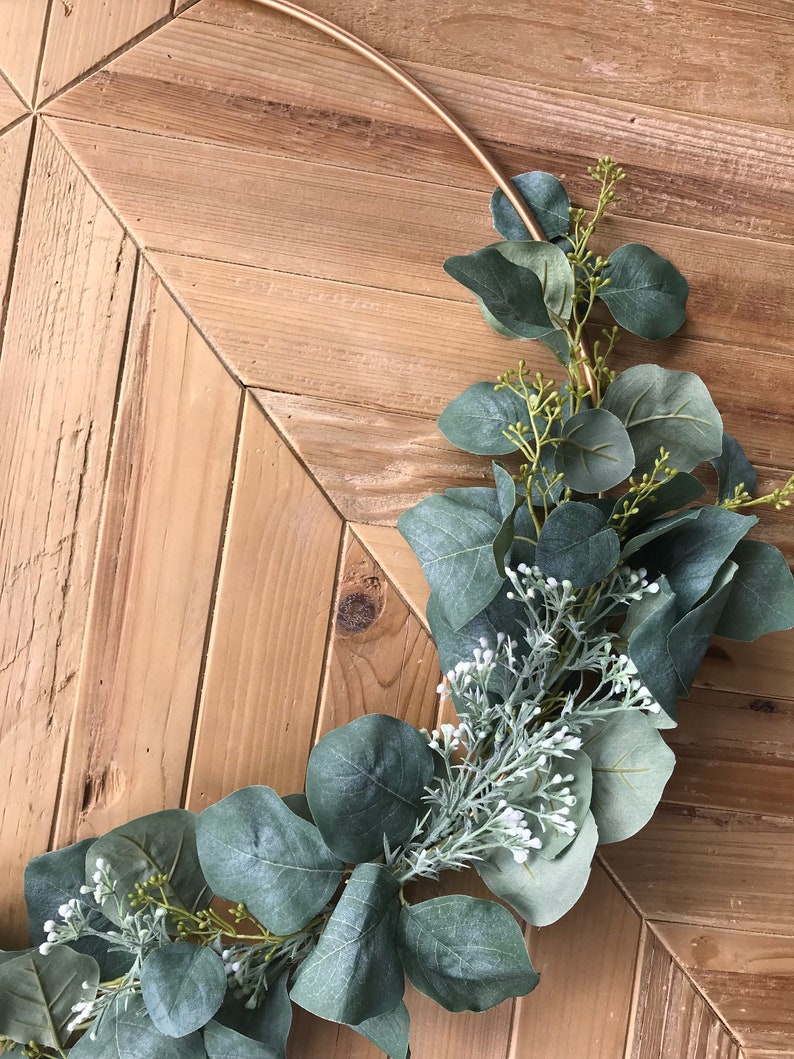 hanging wall greenery on Farmhouse Decor Greenery Modern Nursery Decor Gold Hoop Wreath Front Door Wreath Home Decor Wall Hanging Gold Hoop Floral Wreath