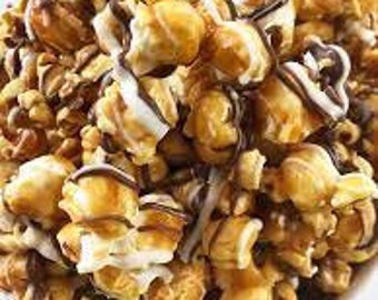 Gourmet Caramel Popcorn with White and Chocolate Drizzle