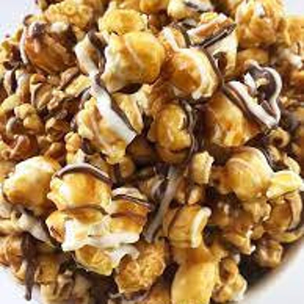 Gourmet Caramel Popcorn with White and Chocolate Drizzle