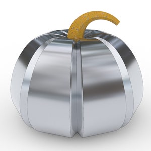 May include: A silver pumpkin with a segmented design. It has a curved, textured, yellow-orange stem. The pumpkin is a decorative item, possibly for autumn or Halloween.