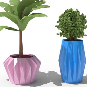 Puede incluir: Dos macetas decorativas, una rosa y otra azul, cada una con una planta diferente. La maceta rosa tiene una planta de plátano con hojas verdes grandes. La maceta azul tiene una planta pequeña, redonda y de hojas verdes. Ambas macetas tienen un diseño geométrico.